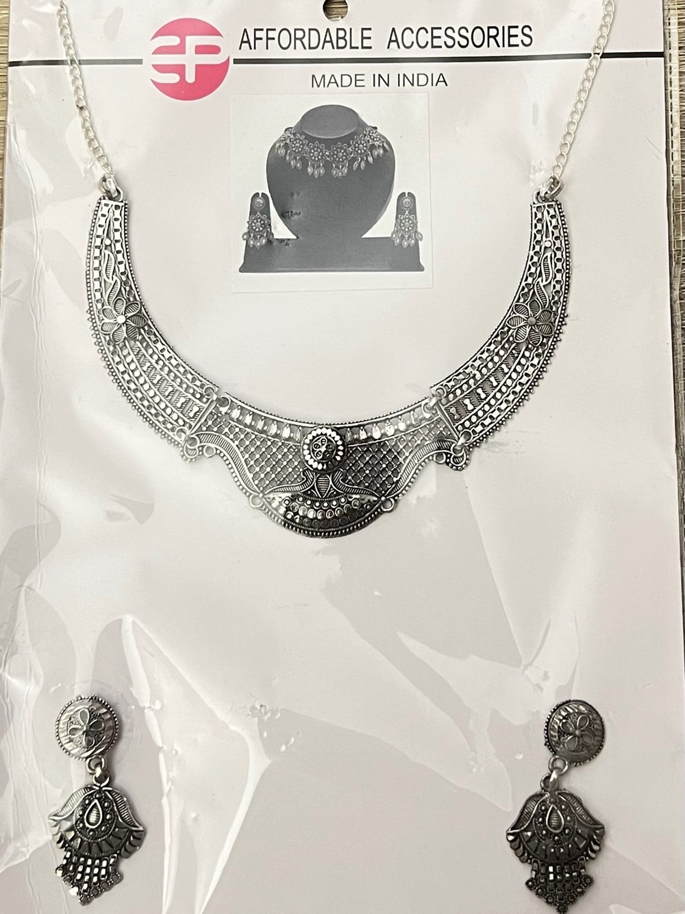 Oxidized Silver Indian Necklace Set Boho Ethnic Jewelry + Earrings